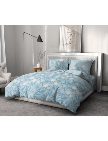 Parure de couette HOME LINGE PASSION Tempete Florale - 3 Pcs - 240 x 260 - 100% Coton 57 Fils - Bleu