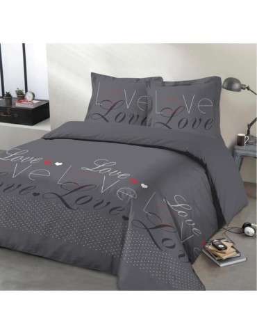 VISION Parure de couette Love - 100% coton - 1 housse de couette 240 x 260 cm + 2 taies d'oreiller 65 x 65 cm - Gris anthracite