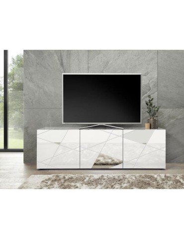 Meuble TV - Blanc laqué brillant avec sérigraphie miroir - L181 x P43 x H57 cm - VICTORY