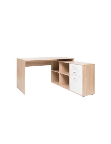 LONDON Bureau d'angle classique décor chene sonoma et blanc brillant - L 136 cm