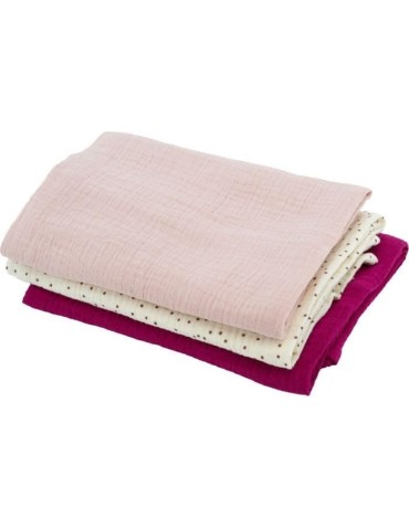 Lot de 3 langes Bambou - DOMIVA - 1 Imprimé + 2 Uni - Rose grenadine - 60x60 cm