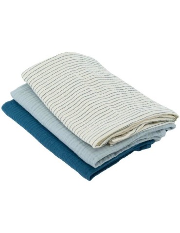 Lot de 3 langes Bambou - DOMIVA - 1 Imprimé + 2 Uni - Bleu indigo - 60x60 cm