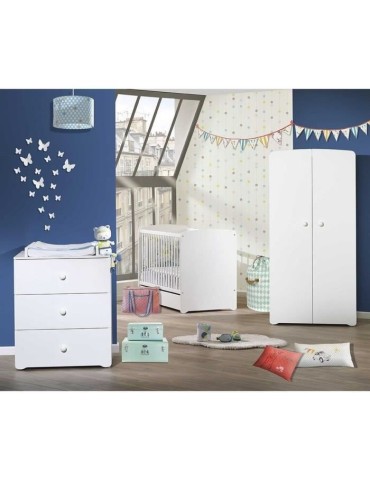 Chambre bébé trio Basic boule: Lit 120x60, commode a langer et armoire - Babyprice - Blanc