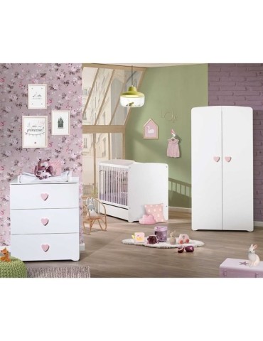 Chambre bébé trio Basic coeur: lit 120x60, commode a langer et armoire - Babyprice - Blanc