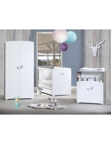 Chambre bébé trio Leaf: lit 120x60, commode a langer et armoire - Babyprice - Blanc