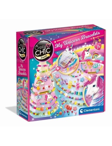 Clementoni - Crazy Chic - Coffret créatif Licorne - Créer tes bracelets en perles colorés avec charms et pompoms - Dés 7ans