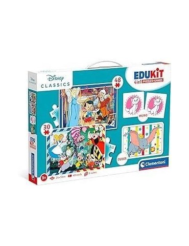 Clementoni - Edukit - Disney - Coffret apprentissage 4 en 1 - 2 puzzles, 1 mémo, 1 jeu de 6 cubes - Fabriqué en Italie - Dés