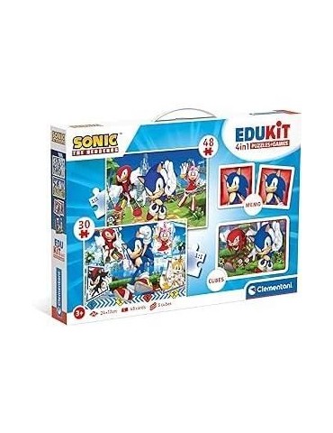 Clementoni - Edukit - Sonic - Coffret apprentissage 4 en 1 - 2 puzzles, 1 mémo, 1 jeu de 6 cubes - Fabriqué en Italie -Dés 4a