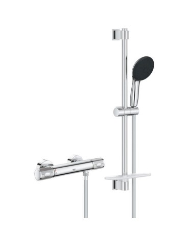 Ensemble de douche avec mitigeur thermostatique, pommeau 3 jets, barre 60cm et flexible - GROHE 34791001 - Economie d'eau - Chro