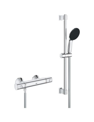 Ensemble de douche avec mitigeur thermostatique, pommeau 1 jet, barre 60cm et flexible - GROHE 34597001 - Economie d'eau - Chrom