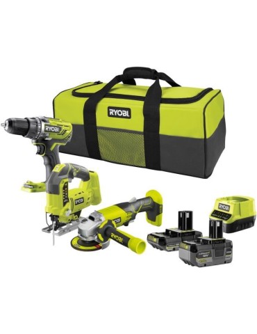 RYOBI 3 outils : 1 perceuse-visseuse Brushless + 1 meuleuse 115 mm + 1 scie sauteuse + 2 batteries 4 Ah & 2 Ah + 1 chargeur & 1