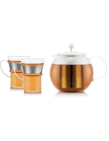 Théiere a piston - BODUM - ASSAM SET - 1.0 l avec filtre inox, couvercle plastique + 2 tasses verre anse inox 0.35 l