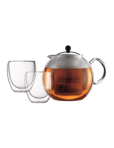 Théiere a piston - BODUM - ASSAM SET - 1.5 l avec filtre plastique + 2 verres PAVINA double paroi 0.25 l