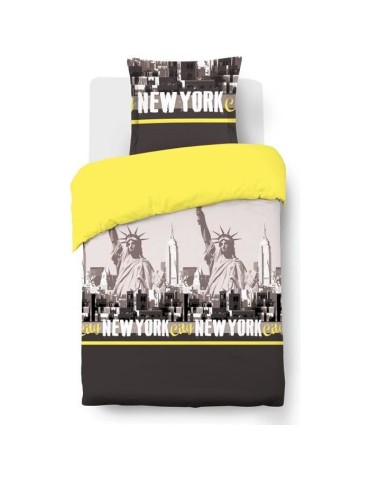 VISION Parure de couette New York - 100% coton - 1 housse de couette 140 x 200 cm + 1 taie d'oreiller 65 x 65 cm - Jaune et Gris