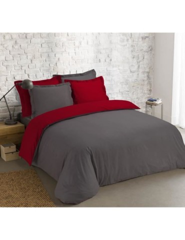 VISION - Bicolore - Housse de couette Réversible 200x200cm avec 2 taies 65x65cm - Anthracite/rouge - 100% coton