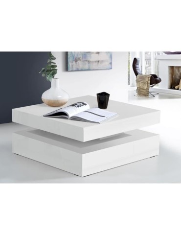 Table basse plateau rotatif - Carré Blanc brillant - 78 x 78 x 36 cm