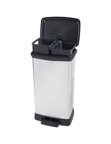 Poubelle Duo Rectangle - DECO BIN - CURVER - 46L (23+23L) - Double compartiment - 39 x 29 x 72 cm - Gris métallisé