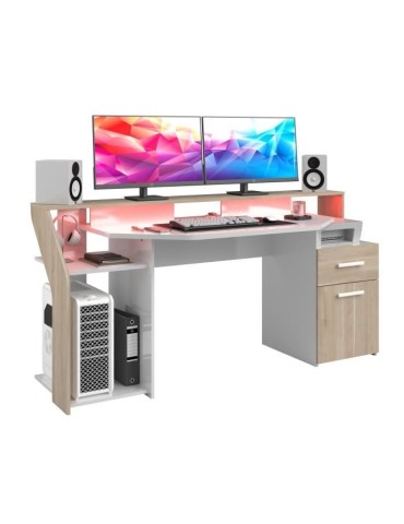 Bureau Silver avec LED - Décor chene et mélamine blanc brillant - L 178 x P 88 x H 68 cm - PARISOT