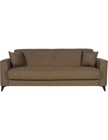 Canapé convertible 3 places - BERGAMO - Tissu marron - 2 coussins - coffre de rangement - 230 x 85 x 89 cm