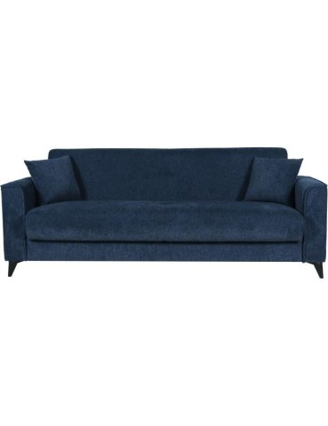 Canapé convertible 3 places - BERGAMO - Tissu bleu foncé - 2 coussins - coffre de rangement - 230 x 85 x 89 cm