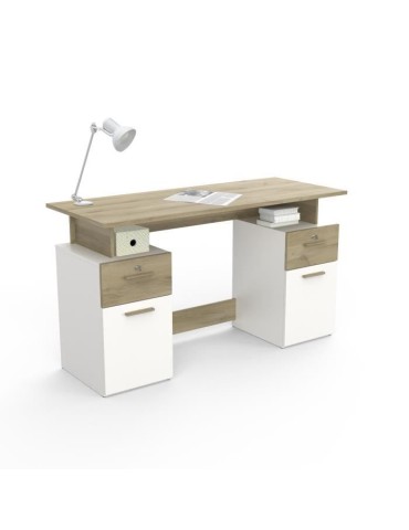 Bureau avec rangements - PLATON - Chene / blanc mat - L134,8 x P55 x H76,4 cm - DEMEYRE