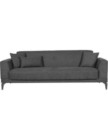 Canapé convertible 3 places - HENRY - Tissu gris clair - 3 coussins - coffre de rangement - 234 x 85 x 84 cm