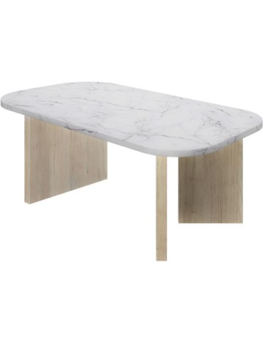 Table basse ovale - QUARTZ - Blanc effet marbre - Pieds épais en chene - 105 x 58 x 39 cm - DIAGONE