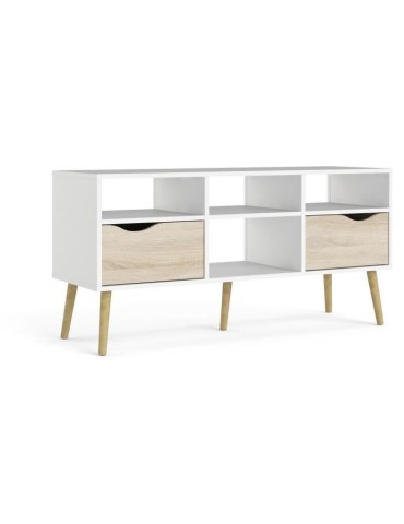 Meuble TV - 4 niches 2 tiroirs - Blanc / Chene - 117,2 x 39,1 x 57,4 cm - TVILUM