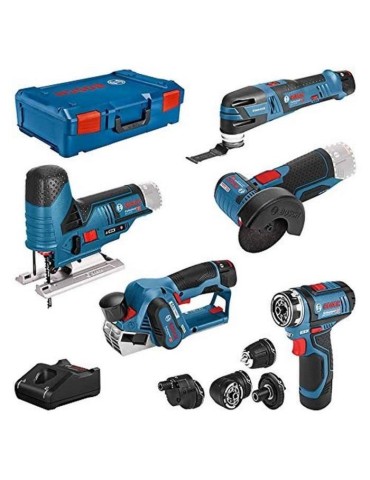 Kit 5 outils Bosch Professional : GSR/GOP/GHO/GWS/GST + 2 batteries 2,0Ah + 1 batterie 3,0Ah + chargeur GAL 12V-40 + XL-LBOXX