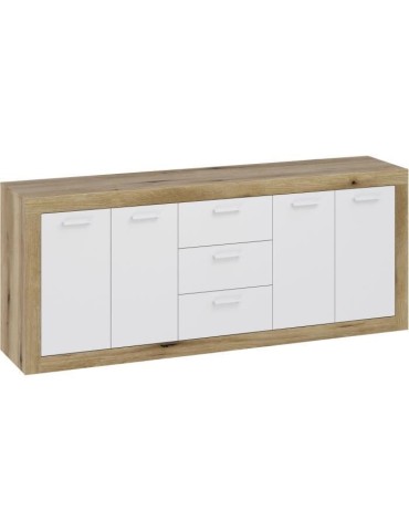 Buffet Mélamine chene rustique et blanc mat - 4 portes et 3 tiroirs STONE