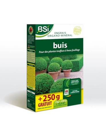 Engrais Buis - BSI - Bio - Feuillage étincelant et vert fonçé - Action longue durée - 1Kg + 250g gratuit - Jusqu'a 12,5 m²