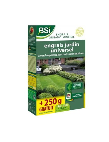 Engrais Bio universel - BSI - Végétaux multiples - Gazon, potager, fleurs - Action longue durée - 1Kg + 250g gratuit - 12,5 m